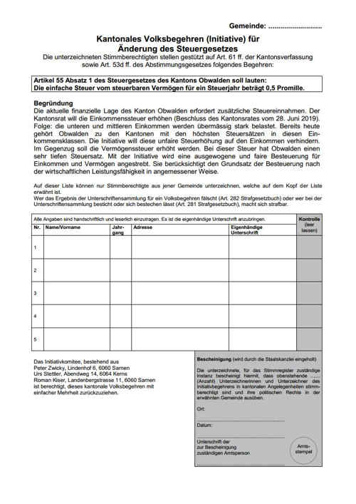 Unterschriftenbogen Initiative